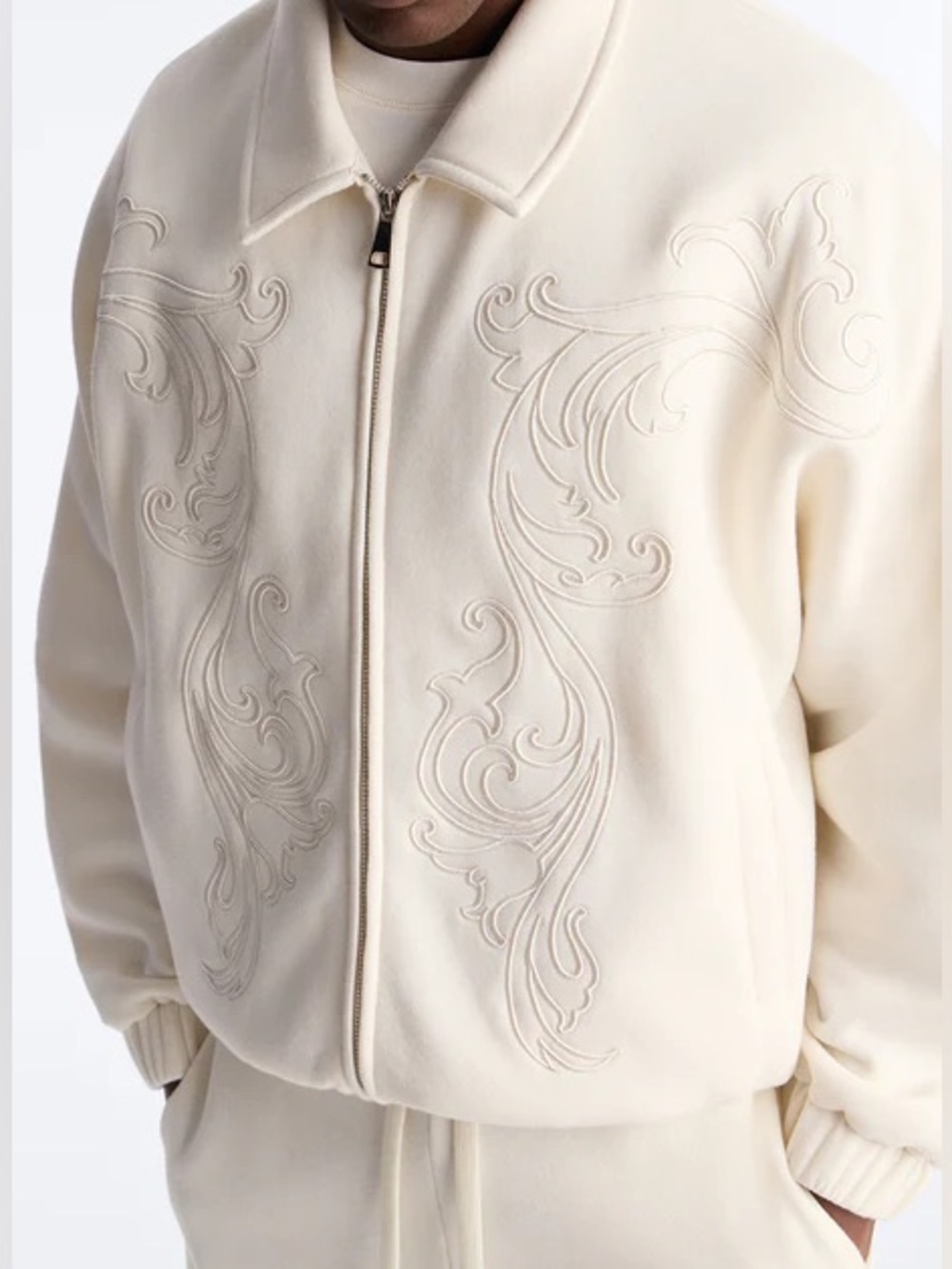 NOVA MEN Embroidery Fleur Oversized Cropped Fleece Jacket Cream - Size XXL